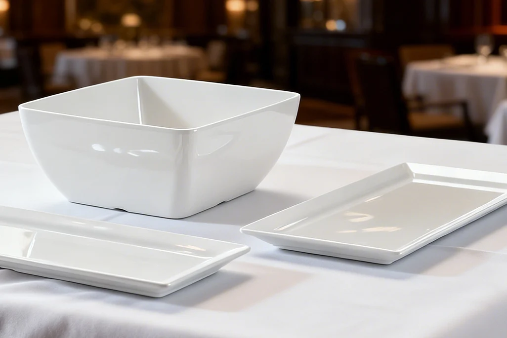 Białe naczynia stołowe z melaminy – kwadratowa miska i prostokątne talerze na stole w restauracyjnym wnętrzu.